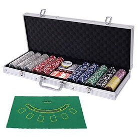 Costway ポーカーセット ポーカーチップ チップ 500枚 数字入り カジノチップ カジノゲーム トランプ付き マット付き シルバーケース