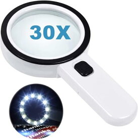 拡大鏡 手持ちルーペ 12個LED 30X 拡大鏡 ライト付き 虫眼鏡 拡大鏡 ダブルガラスレンズ 携帯便利 読書 新聞 鑑定用 照明用 子ども、高齢者及び専門家使用可能
