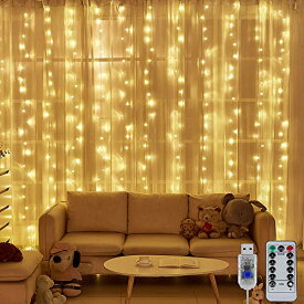 LEDイルミネーションライト カーテンライト ストリングライト300球 3m*3m 暖色 リモコン付き 8種類照明モード 点滅 点灯 輝度調節可能 USB式 防水 防塵仕様 多機能 雰囲気作り 屋外 室内 ガーデンライト 正月 クリスマス 飾り 誕生日 パーティー