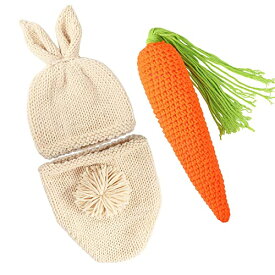 [LIKENNY] ウサギ ニット帽セット 寝相アート衣装 100日祝い ベビーコスチューム 写真を撮る道具 出産祝い バースデー 記念撮影 写真を撮る道具 可愛い 毛糸 手編み 男女共用 (3点セット)