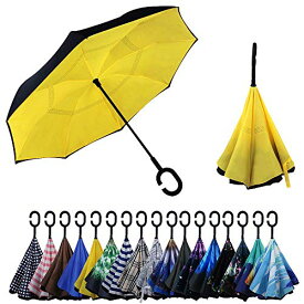YOKITOMO 長傘 レディース 逆さ傘 丈夫 撥水 内外2枚の布の構成で耐風 熱中症対策 遮光 遮熱効果 閉じると自立可能 晴雨兼用傘 車用(イエロー) 人気ギフト
