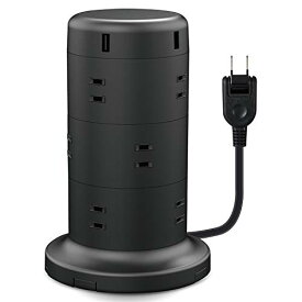 エレコム 電源タップ タワー型 延長コード [ 8個口 & USB×5ポート / 12個口 & USB-C×2 USB-A×3 ] 固定パーツ付 雷ガード ほこりシャッター 2m ブラック ECT- BK