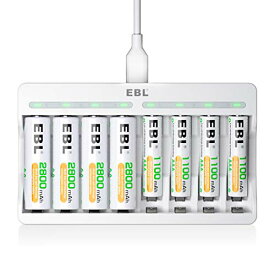 EBL 充電池充電器セット 急速充電器+単3電池（2800mAh*4）+単4電池（1100mAh*4）パック LED搭載充電器 スロット独立充電機能 単三単四ニッケル水素/ニカド充電池に対応 電池収納ケース付き