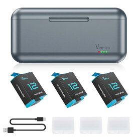 Vemico GoPro Hero 12バッテリー 充電器セット 3*1800mAh Hero 12/11/10/9 ブラック用 3個セットゴープロ予備バッテリー チャージャー Type C USB 収納式 急速充電器セット 対応種類 (Gopro Hero 12/11/10/9 Black カメラに対応)PSE登録済