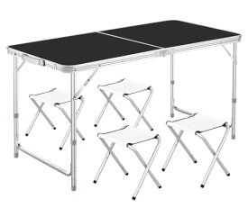 DesertFox アウトドア 折りたたみ テーブル 120cm 高さ3段階調整可能 自由に高さ調整可能ピクニック レジャー キャンプ用 折畳み コンパクト 収納 簡単組立 (黒/チェア4個付き)