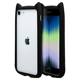 ラスタバナナ iPhone SE3 SE2 8 7 共用 ケース カバー ハイブリッド 背面強化ガラス 背面クリア TPUバンパー+GLASS mimi 猫 ネコ 猫耳 かわいい ブラック アイフォンse スマホケース 6829IP247HB