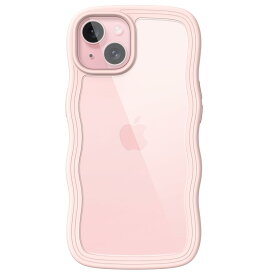 JEDirect iPhone 15 6.1インチ用 かわいい ケース 波状フレーム うねうね 耐衝撃 スマホカバー 女性用 女子向け クリア ハードPCバック (ピンク)