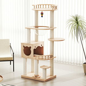 キャットタワー 天然木 据え置き 宇宙船付き 猫タワー 展望台 隠れ家 季節問わず 階段 機能満載 爪とぎ 多頭飼い 安定感抜群 頑丈 省スペース 猫ハウス 上りやすい クリアボウル キャットポ