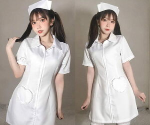 ナース服 フルセット ナース帽/ワンピース/タイツ ナースワンピース コスチューム 衣装 看護婦 白衣 サイドスリット ハートポケット 可愛い プレゼント cosplay