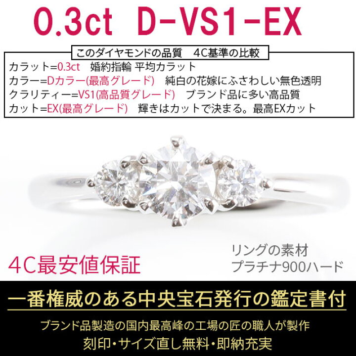 楽天市場】【婚約指輪 ダイヤ 0.3ct D VS1 EX サイドダイヤ付 