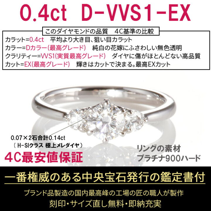 楽天市場】【数量限定3点限り超特価】婚約指輪 0.4ct D VVS1 EX サイド 