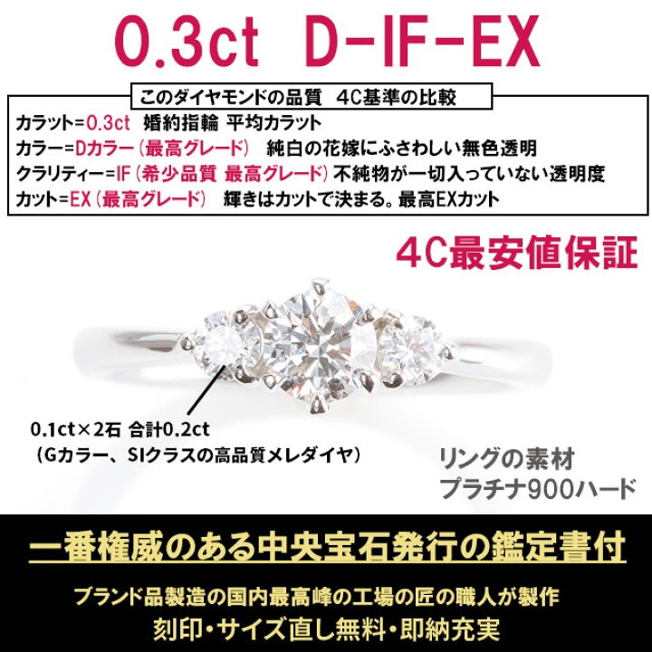 楽天市場】サイドダイヤ付き 【0.3ct D IF EX】 スリーストーン 婚約 
