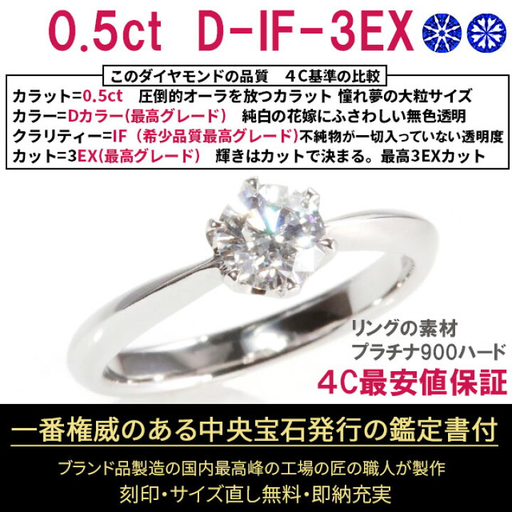 楽天市場】1粒ダイヤ 【0.5ct D IF 3EX H&C】 婚約指輪 鑑定書付 天然 