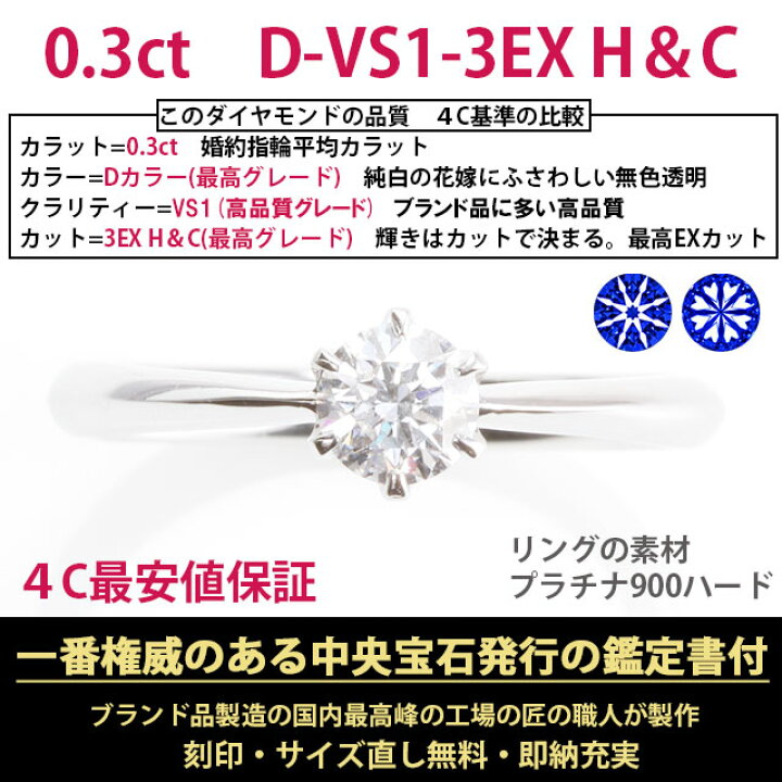 楽天市場】1粒ダイヤ 【0.3ct D VS1 3EX H＆C】 婚約指輪 プラチナ 
