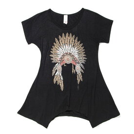 #411008リバティ(LIBERTY)チュニック半袖Tシャツ INDIAN CHIEF ロングTシャツ レディース ウエスタン ストレッチ 伸縮素材 ダンス 衣装 キラキラ スタッズ プリント 黒 ブラック S M L XL 7966 BLACK 【メール便対応】 【送料無料】