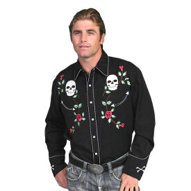 #912048スカリー(Scully)スカル＆ローズ刺繍入りウエスタンシャツ - MEN'S D SLEEVE SKULL ROSES EMBROIDERY SHIRT 長袖シャツ ステージ衣装 ロカビリー フラワー 花 バラ 薔薇 大きいサイズ ブラック 黒 S M L P 771 BLK 【送料無料】