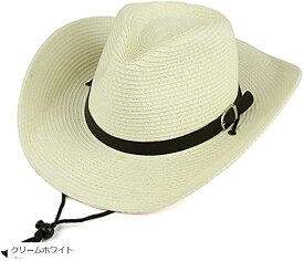 【楽天ランキング1位入賞】メンズ 麦わら帽子 カウボーイハット ストローハット つば広 中折れハット 紐付き 折りたためる クリームホワイト (クリームホワイト)