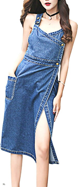 楽天市場 スリーピングシープ 深め スリット セクシー デニム ラップスカート サロペットスカート デニムワンピース ネイビー Xl Reapri