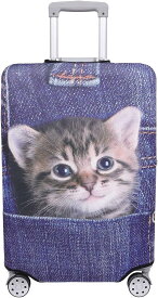【こもれび屋】スーツケース 保護 カバー かわいい イヌ ネコ デニム トランクケース キャリーケース 伸縮 旅行 OD13 (猫・トラ（インディゴ）, S)