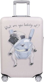 【こもれび屋】スーツケース 保護 カバー かわいい イヌ ネコ デニム トランクケース キャリーケース 伸縮 旅行 OD13 (犬・ パグ（アイボリー）, L)