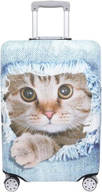 【こもれび屋】スーツケース 保護 カバー かわいい イヌ ネコ デニム トランクケース キャリーケース 伸縮 旅行 OD13 (猫・ 茶トラ（ライトブルー）, S)