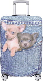 【こもれび屋】スーツケース 保護 カバー かわいい イヌ ネコ デニム トランクケース キャリーケース 伸縮 旅行 OD13 (犬・ チワワ（ブルー）, XL)