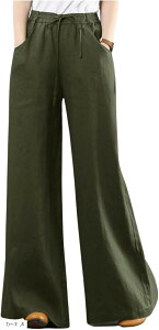 サンカクレディース ロングパンツ リネン 綿麻 ワイドパンツ きれいめ ガウチョ サルエル ウエストゴム キュロット 無地 おしゃれ カジュアル 心地よい 着痩せ 通勤 春 夏 秋 カーキー 深緑