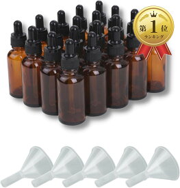 【楽天ランキング1位入賞】遮光瓶 スポイト付き 精油 アロマオイル 詰め替え 保存用 ガラス製 ブラウン 漏斗付き 20本セット 20ml (20ml)