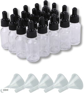 遮光瓶 透明瓶 スポイト付き 精油 アロマオイル 詰め替え 保存用 ガラス製 漏斗付き 1滴0.1ml 20本セット 10ml (10ml)