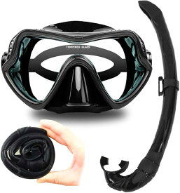 シュノーケリングセット ダイビングマスク に収納できる スノーケル シュノーケルセット 2点セット 黒( 2点セット（黒）, M)