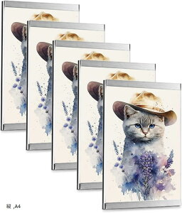 賞状額縁 5個セット A4の賞状用 壁掛け マグネット内蔵 180°開閉 アクリルフレーム ディスプレイフレーム 表彰状 入替アートパネル 褒章 樹脂製フレーム 自己粘着式 学校 企業 自宅 縦型 (縦,