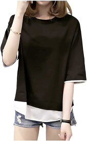 スロウアンドメロウTシャツ 重ね着風 カットソー ゆったり 半袖 レディース( ブラック, M)
