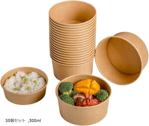使い捨て弁当箱 どんぶり 使い捨て容器 蓋付き ランチボックス クラフト紙ボウル 紙皿 (ナチュラル30個セット, 500ml)