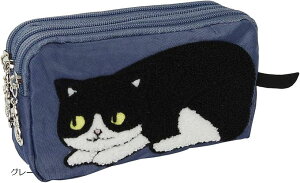 ポーチ 大人可愛い 柄 大きめ レディース 猫 おしゃれ 仕切り付き 小物入れ 猫がら 大容量 ふわふわ プレゼント 3連ファスナー 3層 横型 持ち運び ST06 (グレー)