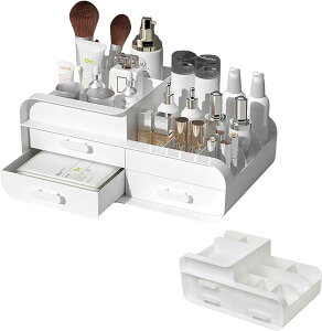 メイクボックス 化粧品 収納ボックス 大容量 コスメ 小物 おしゃれ 卓上 引き出しx3 コンパートメントx9 白 (白)