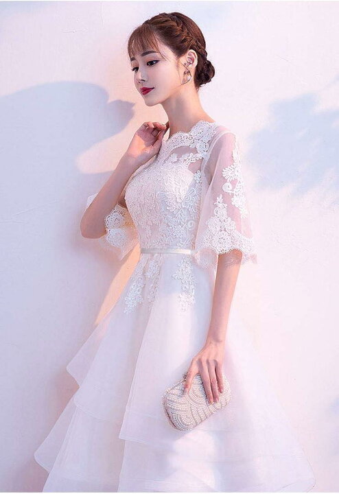 楽天市場 可愛い ウェディングドレス 二次会ドレス 結婚式 プリンセスラインドレス 姫系 パーティードレス 新婦 挙式 ブライダル 袖あり 発表会 ロングドレス ホワイト 白a ひざ丈 L スピード発送 Reapri リアプリ