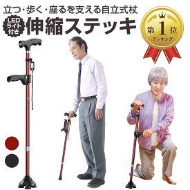 ステッキ 杖 倒れない 自立式4点杖 男女兼用 10段階調節 伸縮式 軽量 アルミ製 補助ハンドル付き LEDライト付き 日本語説明書付き