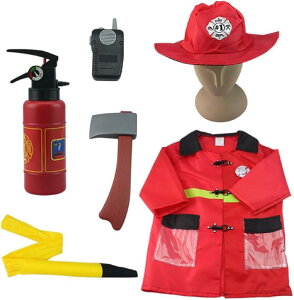 ADOSSY 消防士 子供 コスプレ 6点セット コート 帽子 消火器 斧 トラン シーバー ホース 衣装 イベント 男の子 (レッド)