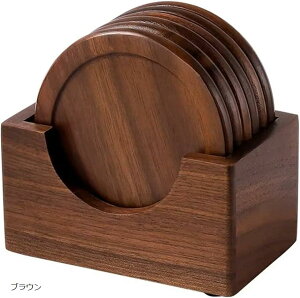 木製コースター 6枚セット 収納ケース付き 防水 滑り止め 断熱 コップ敷き お茶 コーヒー お酒 (ブラウン)