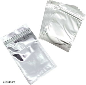 アルミ蒸着袋 ビニール袋 小型 ミニ 遮光 透明 小分け 防湿 真空 包装バッグ 100枚 セット(シルバー, 9cmx16cm)