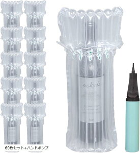 ワイン梱包 エア緩衝材 エアマッスル エアパッキン エアクッション材 衝撃吸収 保護材 ボトル保護 瓶割れ防止 エアチューブ ワイン配送 ギフト梱包 (クリア, 60枚セット+ハンドポンプ)