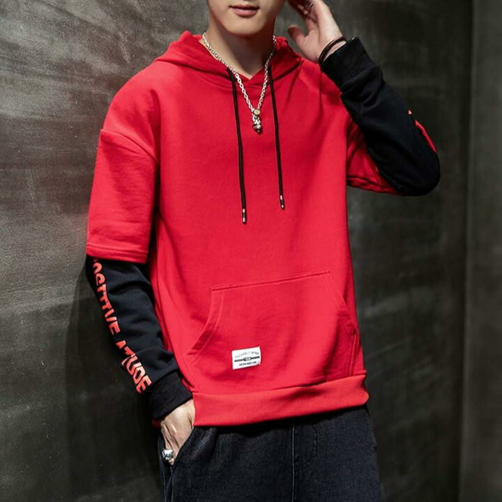 楽天市場 パーカー メンズ 長袖 トレーナー スウェット プルオーバー フード付き レイヤード 秋冬服 スポーツ 大きいサイズ ゆったり 春夏 ｘｌ Mdm レッド Xl Reapri