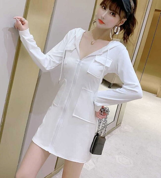 楽天市場 パーカー ミニ ワンピース タイト 長袖 フロント ポケット フード 付 セクシー レディース ホワイト M スピード発送 Reapri リアプリ