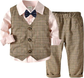 キッズ フォーマル 男の子 スーツ 4点セット おしゃれ 子供服 120cm( ブラウン+ピンク, 120)