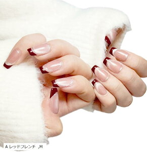ネイルチップ プレスオンネイル 手作り マグネット つけ爪 フレンチネイル 10枚(A レッドフレンチ, M)