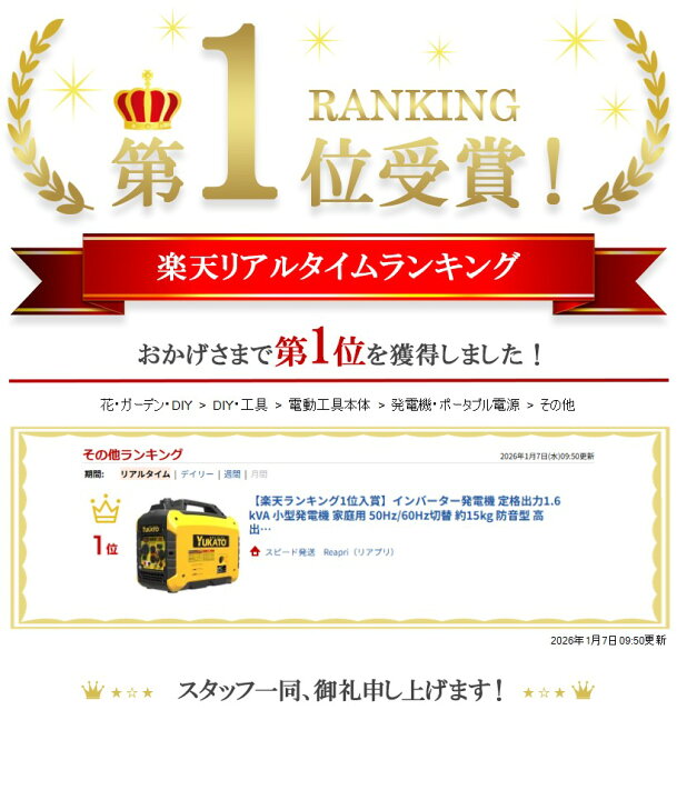 楽天市場】【楽天ランキング1位入賞】インバーター発電機 定格出力1.6 