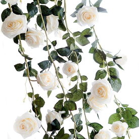 全3色 バラ ガーランド リアル 造花 飾りつけ 装飾 人工 つぼみ付 花 ローズ 薔薇 (ホワイト)