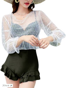 レディース 水着 スイムウェア ワンピース パッド付 体型カバー ママ レース 無地 ドット柄 タンキニ シンプル プール 大人 女子 ビーチウェア 夏(ブラック, M)