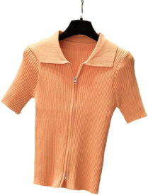 [アスミナリ] AS80 襟付きカットソー ニット ダブルジップ 半袖 襟 ジップアップ ショート丈(橙色,F)