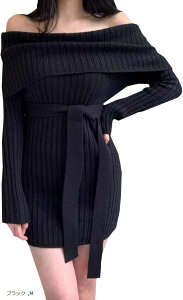オフショルダー 肩だし セーター ニット タイト ミニ ワンピース 長袖 セクシー リボン ショート 丈 スカート ボディコン レディース ブラック M (ブラック, M)